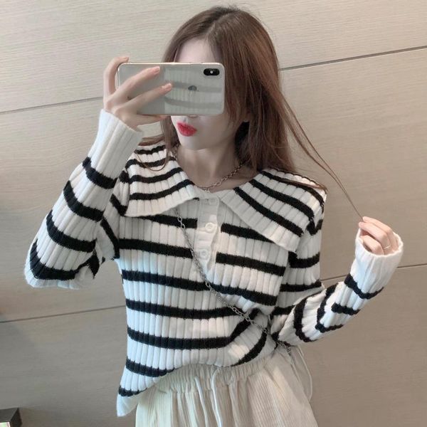 women's sweaters vanovich korean japan style doll collar striped short wild fashion sweater 2021 autumn and winter pullovers, White;black
women's sweaters vanovich korean japan style doll collar striped short wild fashion sweater 2021 autumn and winter pullovers, White;black