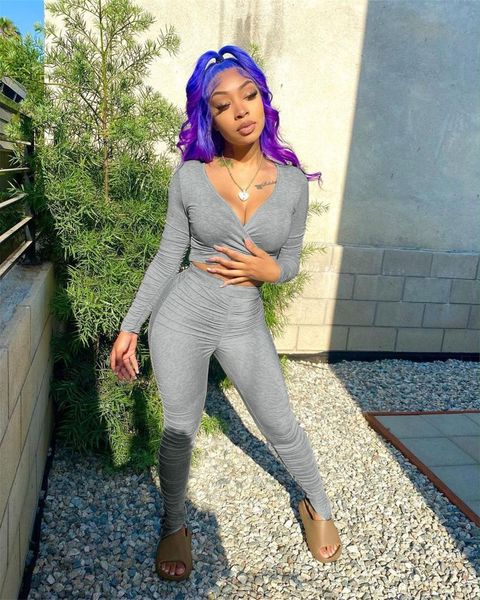 women's two piece pants outdoor two-piece set autumn fashion sports suit leisure v-neck cross solid long sleeve tight women, White
women's two piece pants outdoor two-piece set autumn fashion sports suit leisure v-neck cross solid long sleeve tight women, White