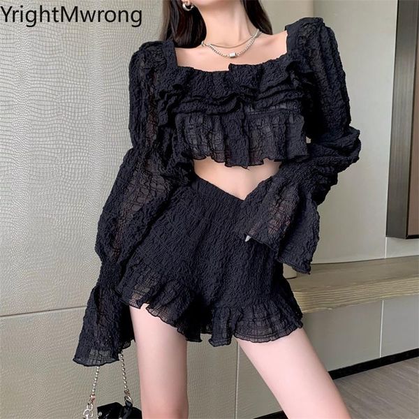women's tracksuits two piece set long sleeve square shirt black frill ruffle crop short pant suit fashion korean women boho summer, Gray
women's tracksuits two piece set long sleeve square shirt black frill ruffle crop short pant suit fashion korean women boho summer, Gray