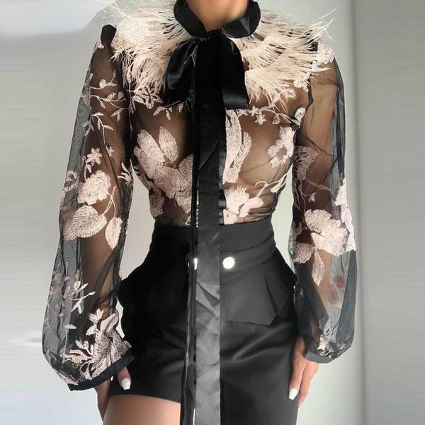 women's blouses & shirts 2021 autumn fashion feather splicing embroidered mesh women elegant bow tie woman shirt casual office lady bl, White
women's blouses & shirts 2021 autumn fashion feather splicing embroidered mesh women elegant bow tie woman shirt casual office lady bl, White
