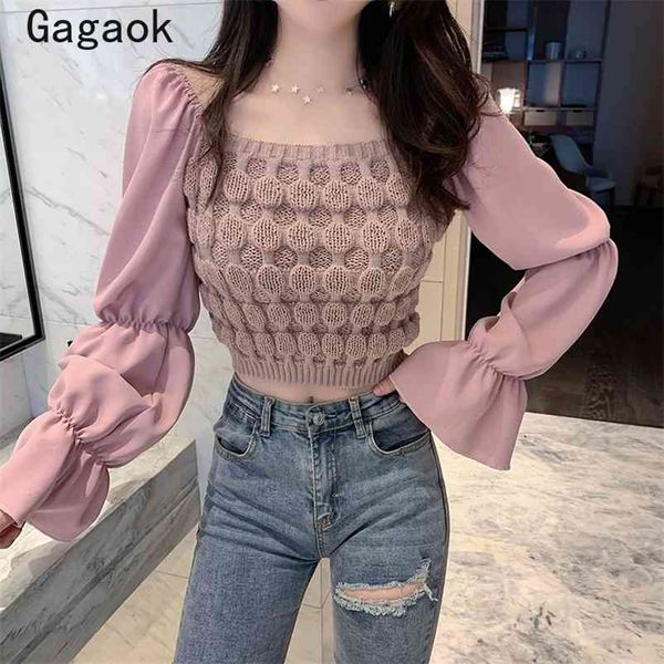 women short sweater spring autumn square collar sweet solid flare sleeve korean sweaters slim wild pullovers 210531, White;black
women short sweater spring autumn square collar sweet solid flare sleeve korean sweaters slim wild pullovers 210531, White;black