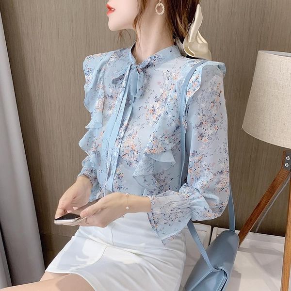 women's blouses & shirts light blue floral blouse women fashion ruffle female long sleeve chiffon print bow elegant lace up, White
women's blouses & shirts light blue floral blouse women fashion ruffle female long sleeve chiffon print bow elegant lace up, White