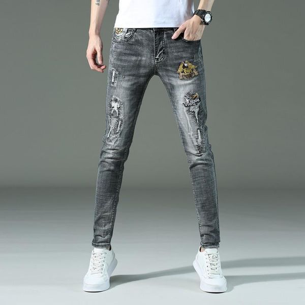 men's jeans mens slimming denim pants embroidery stretch trendy ripped street style casual gray for men, Blue
men's jeans mens slimming denim pants embroidery stretch trendy ripped street style casual gray for men, Blue
