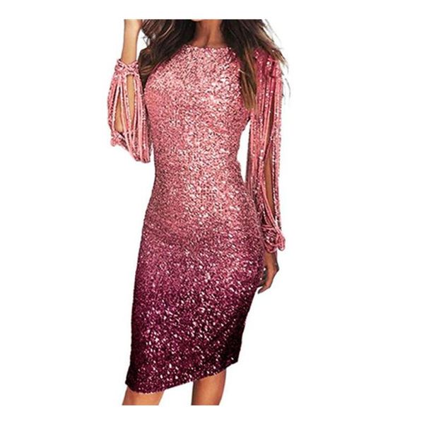 casual dresses tassel long sleeve gradient sequined hip dress, Black;gray