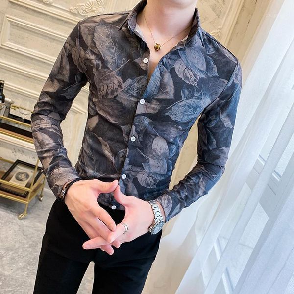 men's dress shirts leaf print shirt fashion retro flower long sleeve korean slim street clothing club casual camisas, White;black
men's dress shirts leaf print shirt fashion retro flower long sleeve korean slim street clothing club casual camisas, White;black