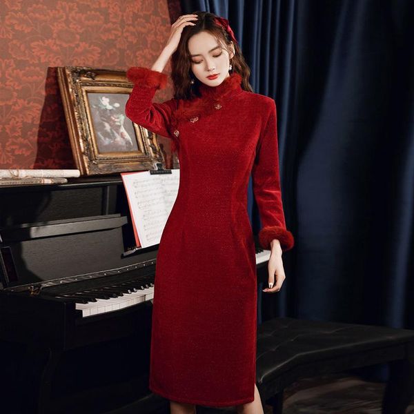 ethnic clothing oversize 3xl burgundy chenille qipao women soft fur mandarin collar chinese wedding dress gown winter full sleeve cheongsam, Red
ethnic clothing oversize 3xl burgundy chenille qipao women soft fur mandarin collar chinese wedding dress gown winter full sleeve cheongsam, Red