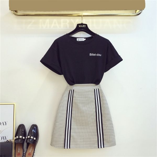 summer fashion women's sets short sleeves letter print t-shirt + slim skirt two pieces set female suits a1026 210519, White