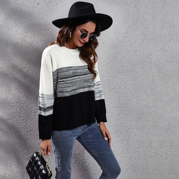 european american new women's knits & tees gradient color black striped matching long sleeve knitted sweater loose autumn winter clothi, White
european american new women's knits & tees gradient color black striped matching long sleeve knitted sweater loose autumn winter clothi, White