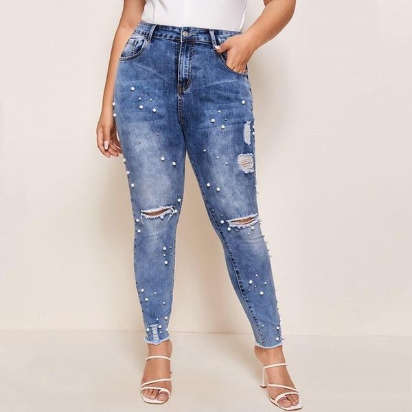 women's jeans 2021 spring and autumn elastic beaded hole plus size high waist pencil pants, Blue
women's jeans 2021 spring and autumn elastic beaded hole plus size high waist pencil pants, Blue