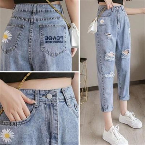 embroidered little daisy jeans with holes women's loose 9-point old man pants summer autumn high waist straight pants, White;black
embroidered little daisy jeans with holes women's loose 9-point old man pants summer autumn high waist straight pants, White;black