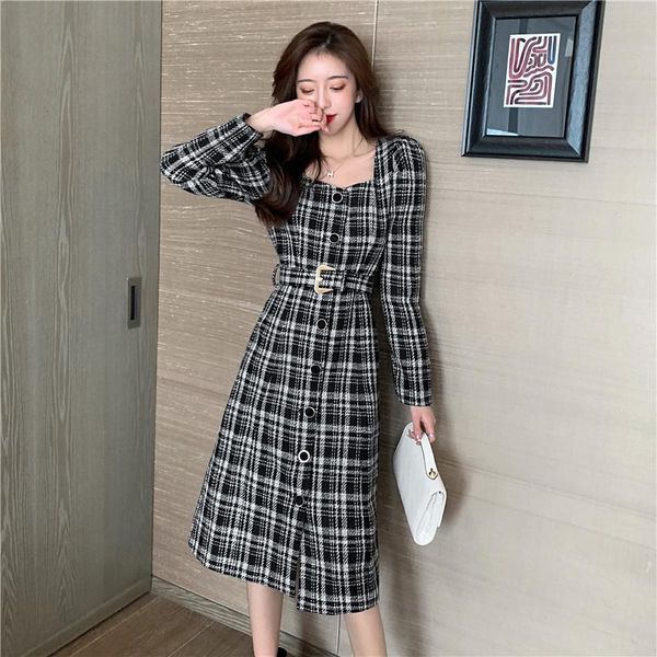 autumn and winter french style retro long sleeve square neck dress plaid celebrity medium length waist closing casual dresses, Black;gray
autumn and winter french style retro long sleeve square neck dress plaid celebrity medium length waist closing casual dresses, Black;gray
