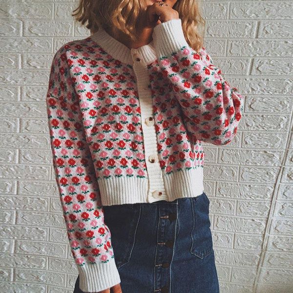 women's knits & tees floral jacquard knit sweater cardigan prairie chic o-neck long sleeve short sweaters jackets sweet ladies knitwear, White
women's knits & tees floral jacquard knit sweater cardigan prairie chic o-neck long sleeve short sweaters jackets sweet ladies knitwear, White
