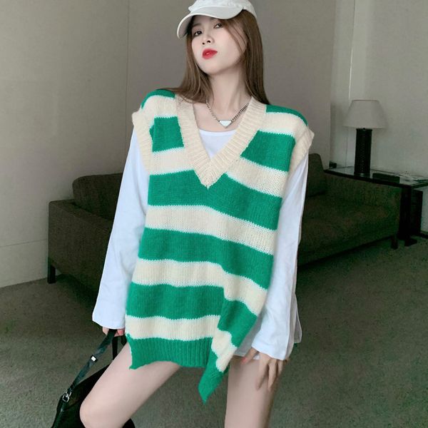green striped sweater vt women's loose lazy wind split medium long waistcoat sleevels in autumn and winter, Black;white
green striped sweater vt women's loose lazy wind split medium long waistcoat sleevels in autumn and winter, Black;white