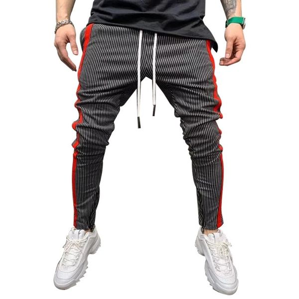 men's slim striped casual pants mens skinny joggers pencil male hip-hop trousers sweatpants, Black