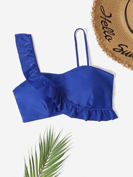 plus plain ruffle trim bikini j4ji#, Black
