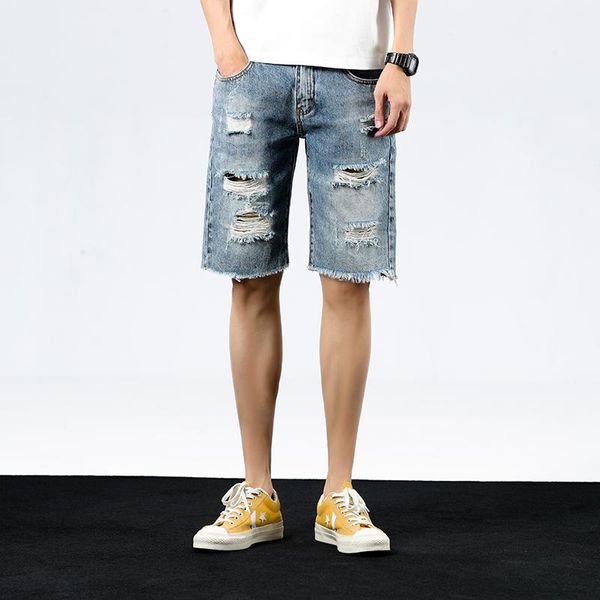 men's shorts fashion ripped denim summer ins trend slim straight hole short jeans chic washed blue knee-length beggar pants, White;black
men's shorts fashion ripped denim summer ins trend slim straight hole short jeans chic washed blue knee-length beggar pants, White;black
