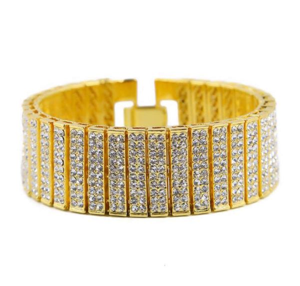 hop men bracelet hip iced out silver gold zinc alloy chain simulated diamond tennis hiphop for party gif july style, Golden;silver