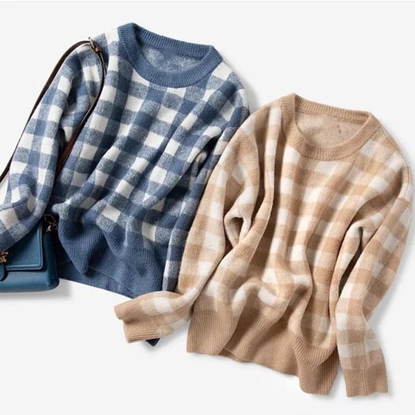 women's knitted plaid sweater o-neck long sleeve alpaca wool blend knitwear pull sweaters, White;black
women's knitted plaid sweater o-neck long sleeve alpaca wool blend knitwear pull sweaters, White;black