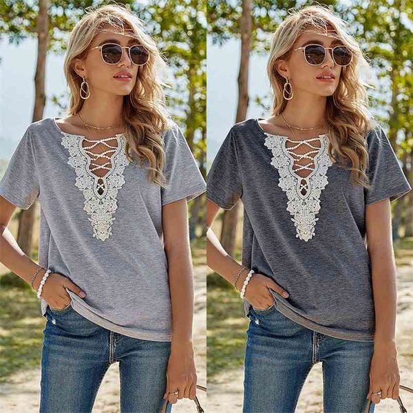 summer gray t shirts women casual floral lace patchwork v neck short sleeve female solid color loose spring t-shirt 210522, White
summer gray t shirts women casual floral lace patchwork v neck short sleeve female solid color loose spring t-shirt 210522, White