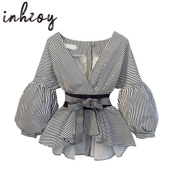 women fashion v-neck striped blouse elegant ladies clothes casual korean style lantern sleeve back buttoned shirt with belt women's bl, White
women fashion v-neck striped blouse elegant ladies clothes casual korean style lantern sleeve back buttoned shirt with belt women's bl, White