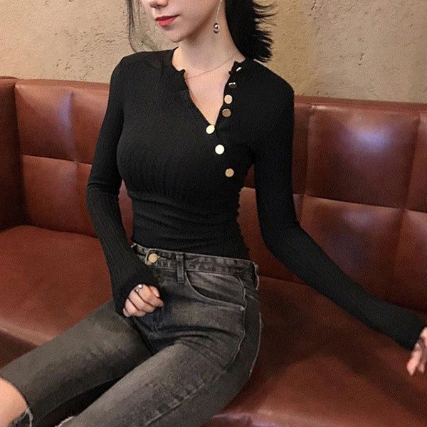 women's t-shirt women clothes slim button v neck basic t shirt fashion autumn harajuku, White
women's t-shirt women clothes slim button v neck basic t shirt fashion autumn harajuku, White