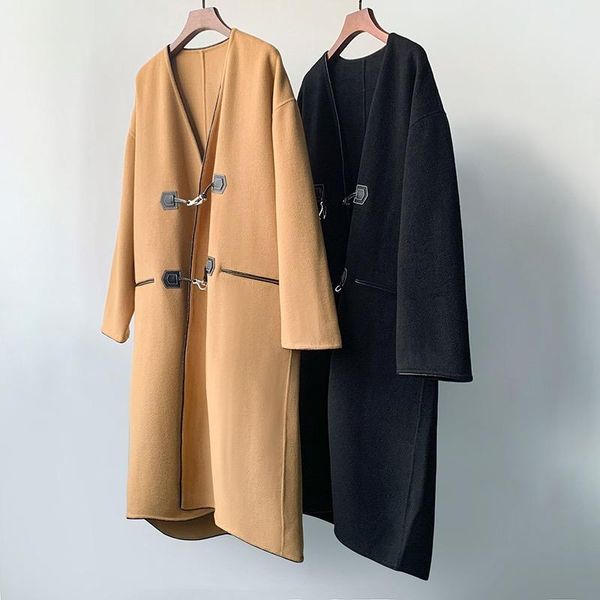 women's wool & blends women winter vintage leather buckle double-sided loose mid-length cashmere woolen jacket coat, Black
women's wool & blends women winter vintage leather buckle double-sided loose mid-length cashmere woolen jacket coat, Black