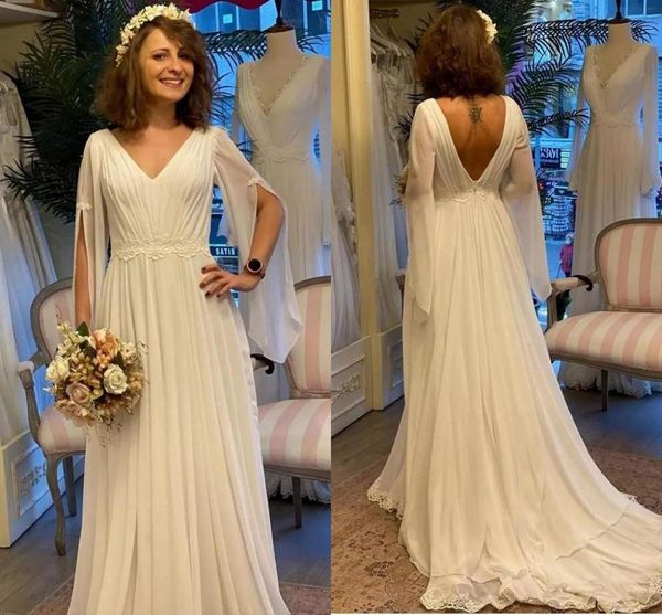 summer chiffon a line wedding dresses v neck long sleeves bridal gowns with applique sash backless robe de soiree, White
summer chiffon a line wedding dresses v neck long sleeves bridal gowns with applique sash backless robe de soiree, White