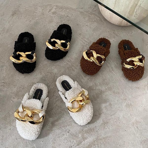 brand design gold chain winter warm lambswool women mules shoes fluffy fur metal buckle outdoor slippers flip flops, Black
brand design gold chain winter warm lambswool women mules shoes fluffy fur metal buckle outdoor slippers flip flops, Black