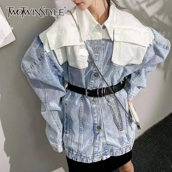 elegant patchwork denim jacket for women lapel puff long sleeve hit color casual jackets female fashion new 210428, Black;brown 
elegant patchwork denim jacket for women lapel puff long sleeve hit color casual jackets female fashion new 210428, Black;brown