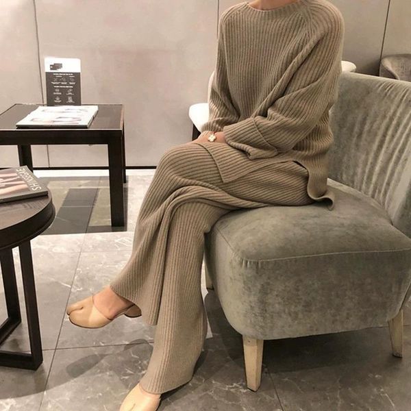 women's two piece pants elegant temperament pant suits o neck split sweater + high waist casual woman 2021 autumn winter set women, White
women's two piece pants elegant temperament pant suits o neck split sweater + high waist casual woman 2021 autumn winter set women, White