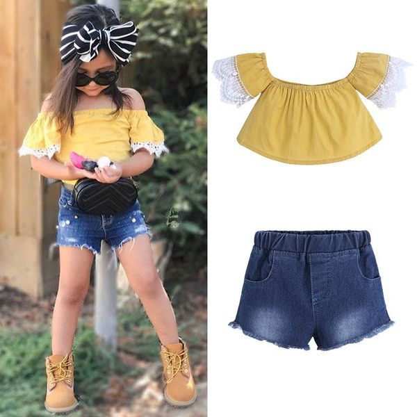 fashion kids clothes girls suit summer children's girl clothing off-the-shoulder tshirt+shorts jeans children 2-7 years sets, White
fashion kids clothes girls suit summer children's girl clothing off-the-shoulder tshirt+shorts jeans children 2-7 years sets, White