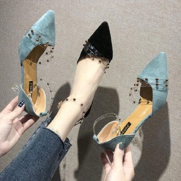 spring suede transparent film pvc hollow pointed high heels wild word buckle with rivet women's shoes sandals, Black
spring suede transparent film pvc hollow pointed high heels wild word buckle with rivet women's shoes sandals, Black