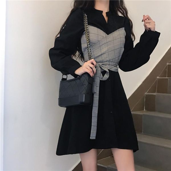 casual dresses women 2021 fashion fake two pieces waisted slim dress retro long shirt sleeve patchwork a line mini vestidos, Black;gray
casual dresses women 2021 fashion fake two pieces waisted slim dress retro long shirt sleeve patchwork a line mini vestidos, Black;gray