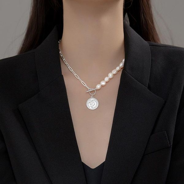 pendant necklaces 100% 925 sterling silver natural freshwater pearl necklace asymmetrical chain round clavicle jewelry for women