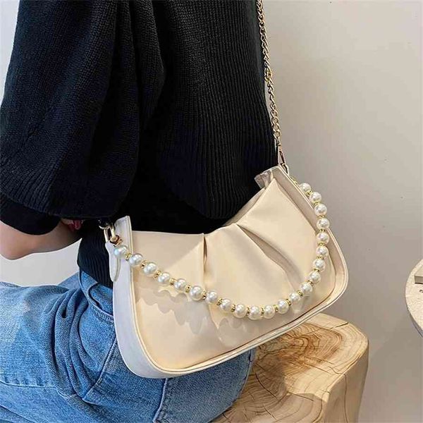 french women's 2021 new fashion pearl chain with pleated cloud bag