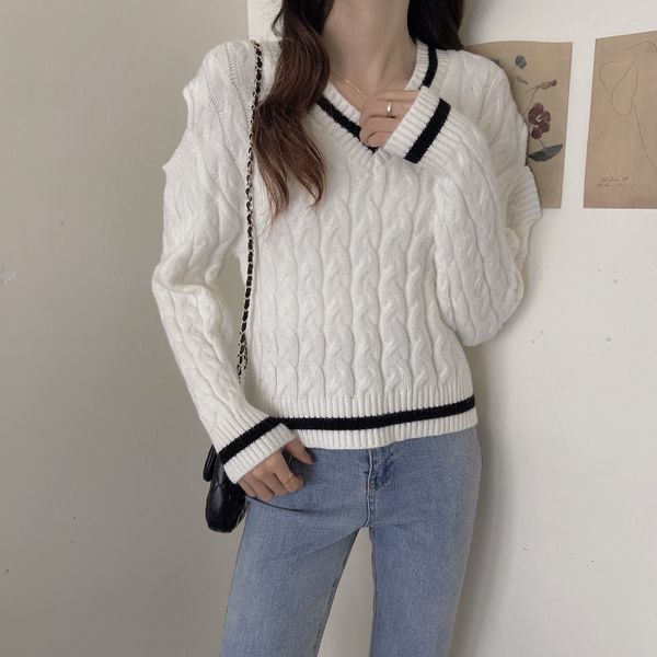 women's sweaters twist knit pullover new japanese korean knitwear contrast color v-neck cut off shoulder long sleeve 05yw, White;black
women's sweaters twist knit pullover new japanese korean knitwear contrast color v-neck cut off shoulder long sleeve 05yw, White;black