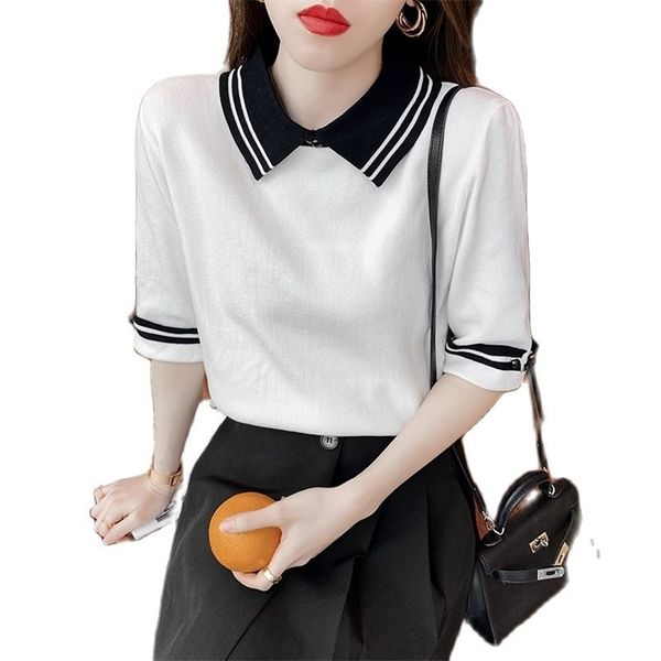 half-sleeve ice silk sweater women's polo was thin and color-blocking striped summer korean fashion clothing 210520, White;black
half-sleeve ice silk sweater women's polo was thin and color-blocking striped summer korean fashion clothing 210520, White;black