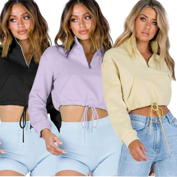 solid color stand-up collar zipper drawstring cropping women's clothing urban casual patch pocket long-sleeved sweater, Black
solid color stand-up collar zipper drawstring cropping women's clothing urban casual patch pocket long-sleeved sweater, Black