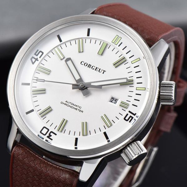 corgeut 44.5mm white dial mens automatic watch date rubber strap sport luminous waterproof mechanical men wristwatches, Slivery;brown
corgeut 44.5mm white dial mens automatic watch date rubber strap sport luminous waterproof mechanical men wristwatches, Slivery;brown