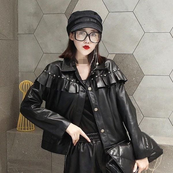 women's leather & faux ruffle womens sheepskin coat streetwear short genuine jackets ol style elegant party single breasted red outerwe, Black
women's leather & faux ruffle womens sheepskin coat streetwear short genuine jackets ol style elegant party single breasted red outerwe, Black
