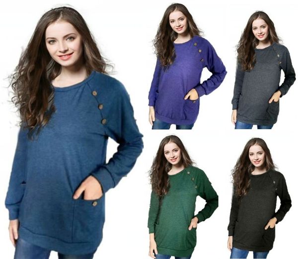 2021 autumn new european and american t-shirt women's round neck button splicing long sleeve pocket top, White
2021 autumn new european and american t-shirt women's round neck button splicing long sleeve pocket top, White