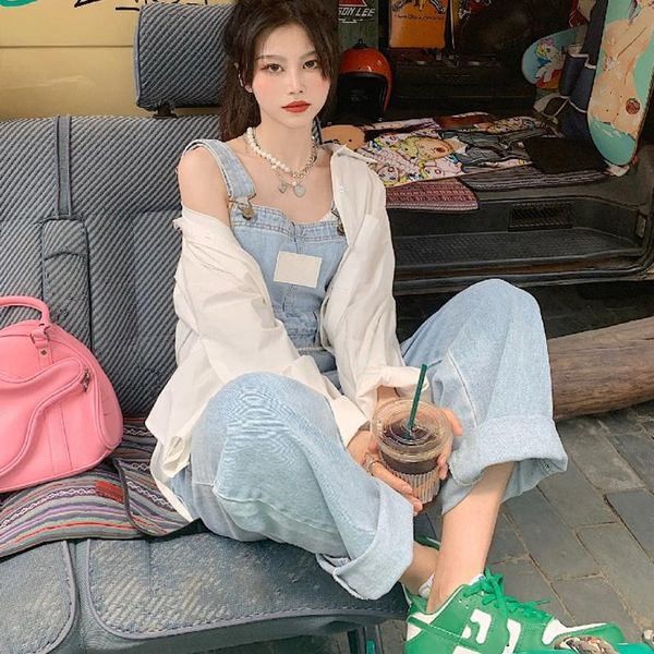 women's jeans high waist bib mother pants wide leg y2k style 2022 summer loose version design sense light color straight in, Blue
women's jeans high waist bib mother pants wide leg y2k style 2022 summer loose version design sense light color straight in, Blue