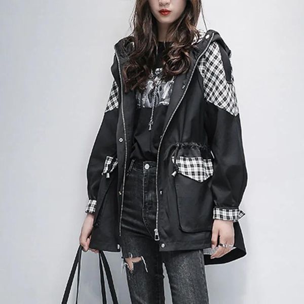 women's trench coats splice women mid-length windbreaker spring autumn korean fashion hooded coat grid drawstring female large size out, Tan;black
women's trench coats splice women mid-length windbreaker spring autumn korean fashion hooded coat grid drawstring female large size out, Tan;black
