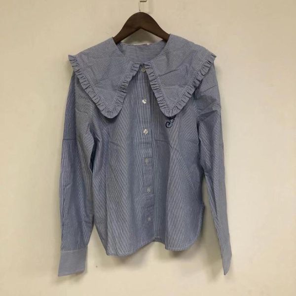 women's blouses & shirts 2021 early spring women shirt french blue striped ruffled large lapel letter embroidery loose, White
women's blouses & shirts 2021 early spring women shirt french blue striped ruffled large lapel letter embroidery loose, White