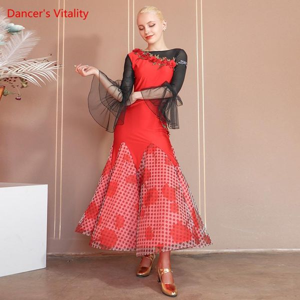 stage wear ballroom dance dress mesh fishtail skirt flared sleeves performance clothes national standard dancing competition clothing, Black;red
stage wear ballroom dance dress mesh fishtail skirt flared sleeves performance clothes national standard dancing competition clothing, Black;red
