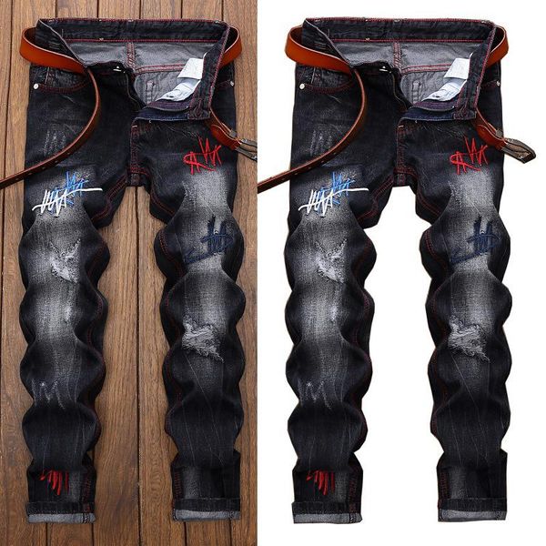 men's jeans straight black embroidered fashion designer casual ripped denim hip hop design pants, Blue
men's jeans straight black embroidered fashion designer casual ripped denim hip hop design pants, Blue