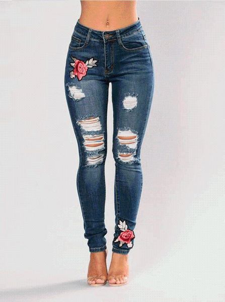 women's jeans women plus size floral embroidery high waist ripped holes female casual skinny denim pants ladies trousers, Blue
women's jeans women plus size floral embroidery high waist ripped holes female casual skinny denim pants ladies trousers, Blue
