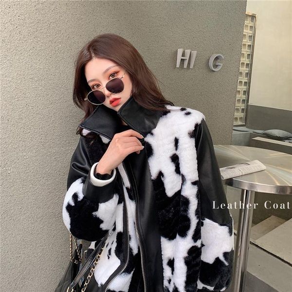 women's fur & faux jacket women fashion mujer loose england coat crowd design leather cow spot spliced street outerwear, Black
women's fur & faux jacket women fashion mujer loose england coat crowd design leather cow spot spliced street outerwear, Black