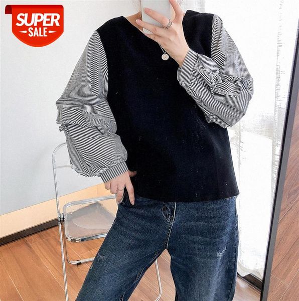 010852 korean style chic loose round neck contrast color stitching striped ruffle sleeve shirt #c09b, Black
010852 korean style chic loose round neck contrast color stitching striped ruffle sleeve shirt #c09b, Black