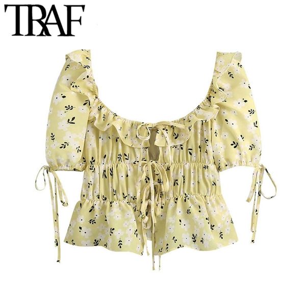 women sweet fashion printed ruffled cropped blouses vintage puff sleeve drawstring tied female shirts chic 210507, White
women sweet fashion printed ruffled cropped blouses vintage puff sleeve drawstring tied female shirts chic 210507, White